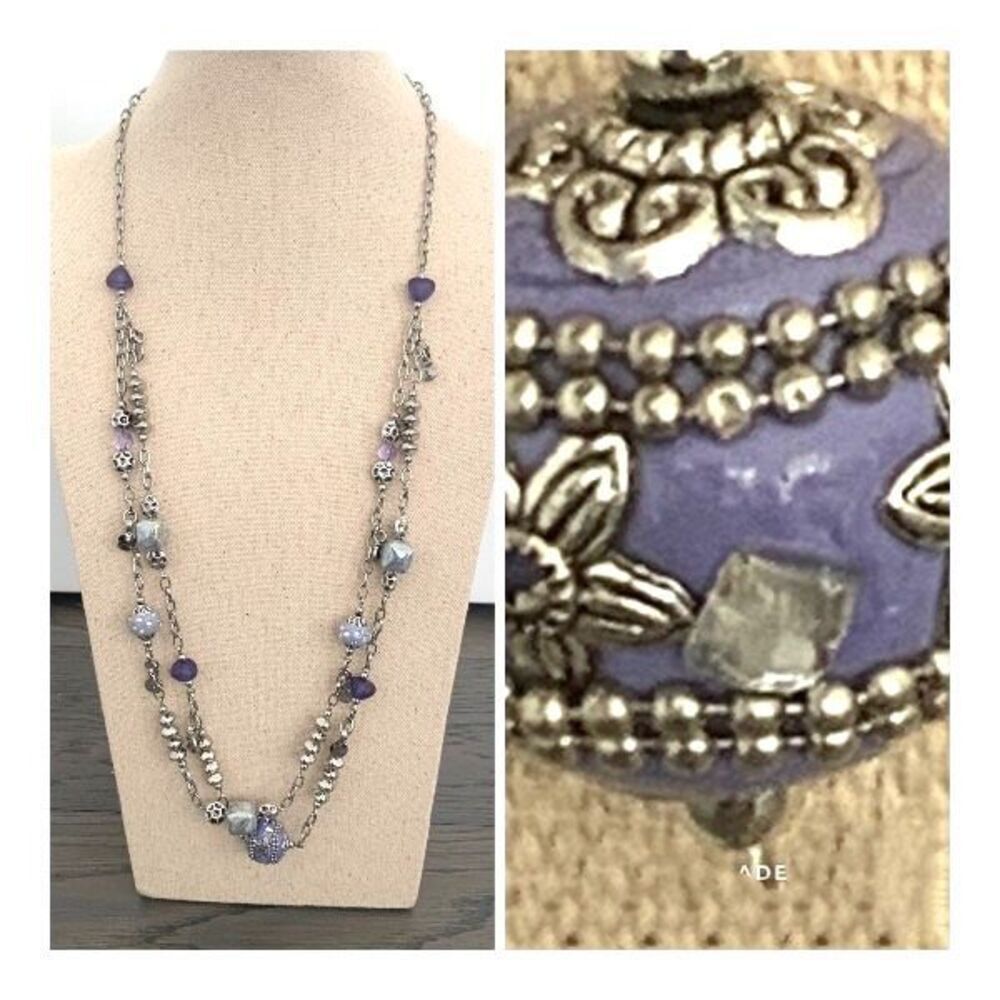 Chico’s Ornate Purple Bead Silver Tone Long Necklace